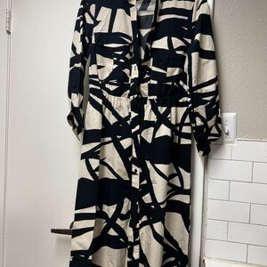 Zara Black and White Long Sleeve Dress with Notched Collar